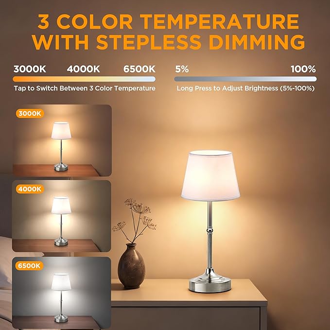 LUTEC 2 Pack Cordless Table Lamp, Battery Operated Lamp with 3 Color Temps and Stepless Dimming, 5200mAh Portable Rechargeable Table Lamp for Restaurant/Bedroom/Bars/Outdoor (Silver)
