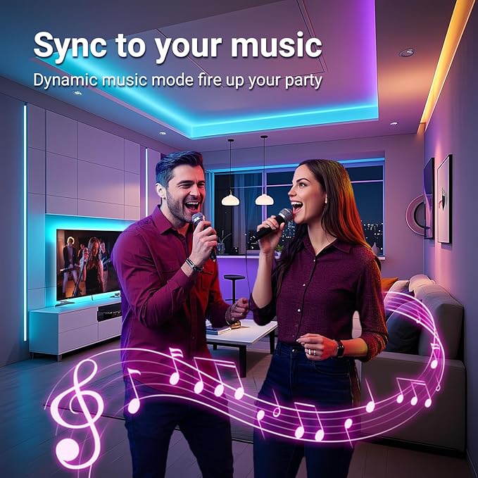 hyrion 50ft USB-Powered RGB LED Strip Lights, Music Sync & Sound-Reactive Color Changing Lights for Bedroom, TV Backlight, Gaming Setup, Bluetooth, IR Remote & Smart App Control