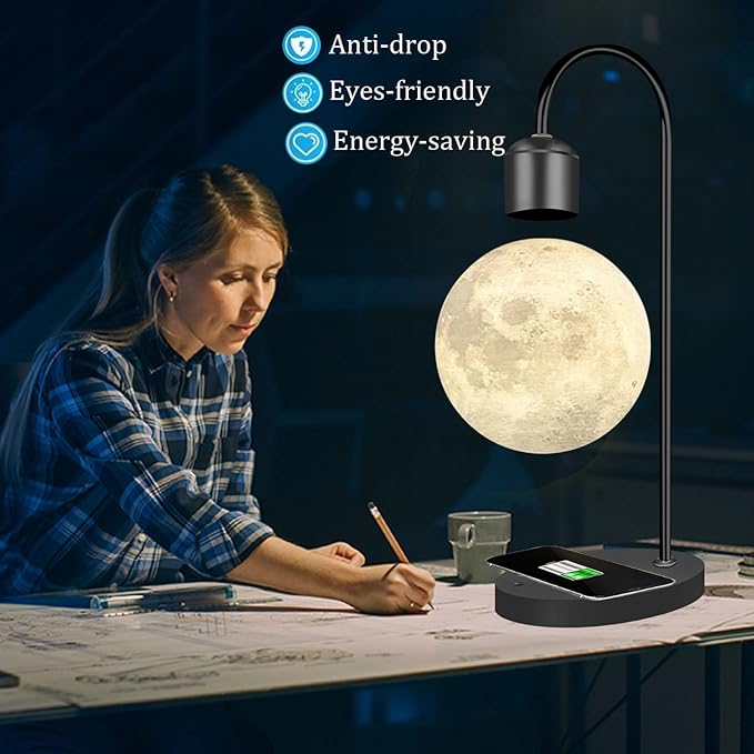 Magnetic Levitating Moon Lamp with Phone Wireless Charging Pad Changeable 3 Colors 3D Moon Levitation Floating Mood Night Light Table Lamp Christmas Gift Home Decoration