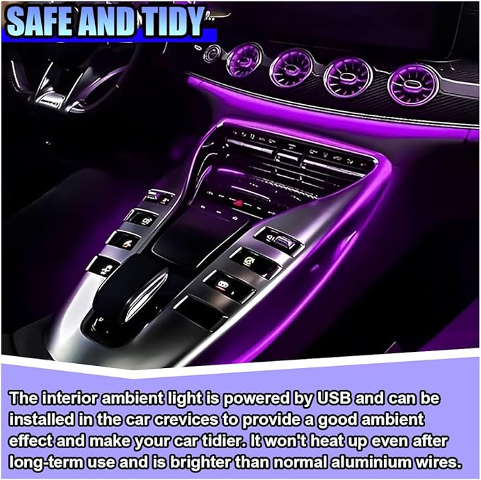 EL Wire Car Interior LED Strip Lights, 5V 16FT Neon Light Strip with Sewing Edge, USB Electroluminescent Car Interior Lights with Fuse Protection, Vehicle Ambient Lighting Decorations (Purple)