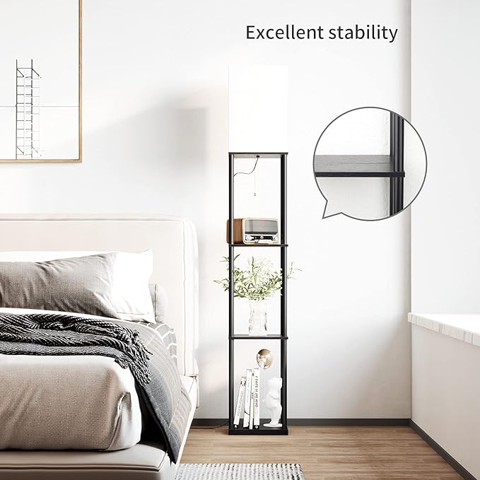 SUNMORY Floor Lamp with Shelves, Modern Square Standing Lamp with 3 Color Temperature Bulb, Corner Display Bookshelf Lamp for Living Room and Bedroom(Black)