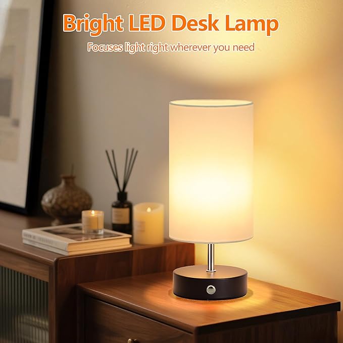 2-Pack Cordless Table Lamps, Black Rechargeable Bedside Lamps Dimmable, Portable 6000mAh Battery Operated LED Desk Lamps, Modern Touch Control Wireless Lamps, Small Lamps for Bedroom, White Shade