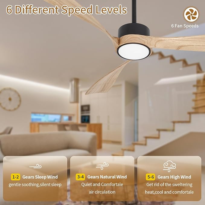 Ceiling Fan with Lights,52 Inch Wood Ceiling Fans with Remote Control,Dimmable Light,3 CCT,6 Speeds,Noiseless DC Motor,2 downrod,Ceiling Fan for Bedroom,Living Room,Office,Indoor,Natural Wood Grain
