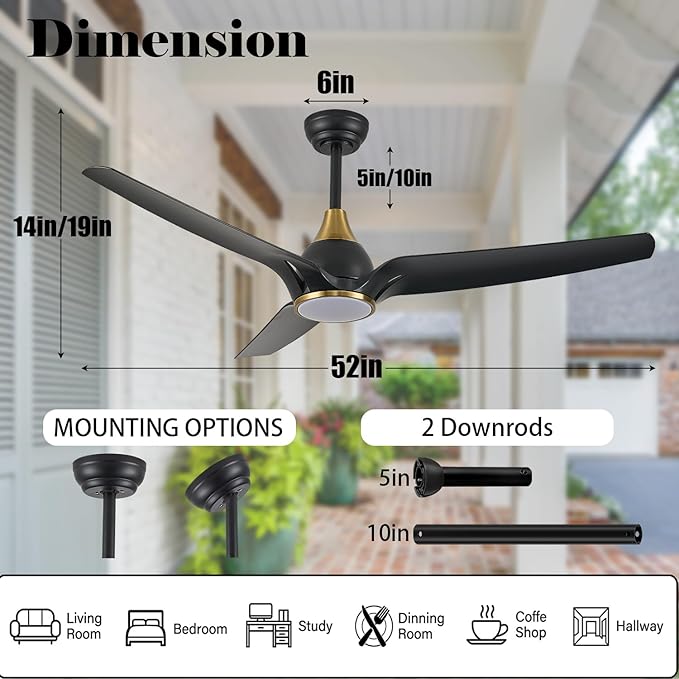 Ceiling Fans with Lights,52 inch Black Ceiling fan with App and Remote Control,Reversible modern DC ceiling fans,3CCT,Dimmable,Noiseless,Ceiling Fan for Bedroom,Living Room,Indoor/Outdoor Use