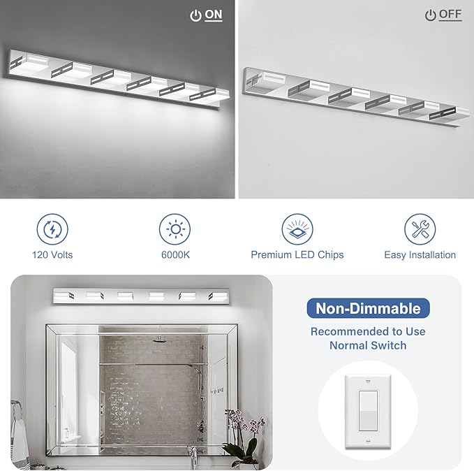 48-Inch 6-Light LED Modern Chrome Bathroom Vanity Light Fixtures Over Mirror, Bathroom Lighting Fixtures with Cool White 6000K, Rotatable Vanity Wall Lights for Bath Restroom Powder Room