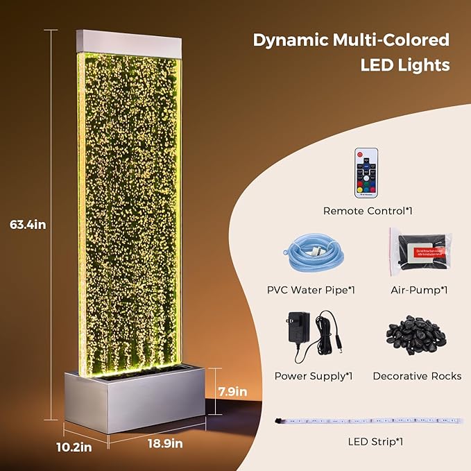 Bubble Wall Waterfall Fountain, Acrylic Indoor Floor Standing Water Wall with Changing LED Color Lights Remote Control, 64" x 19", Housewarming, Christmas Home Decor (Bubble Wall)