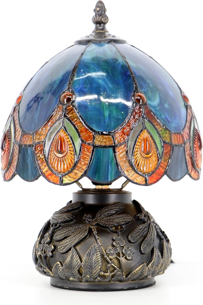 Small Tiffany Mushroom Table Lamp,Mini Memory Sympathy Antique lamp 8X11 Inch (Peacock Crystal)