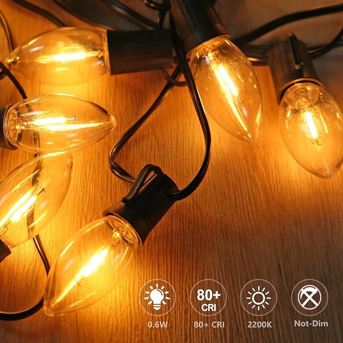KGC C9 LED Replacement Christmas Lights Bulbs-0.6W Equivalent to 7W, Warm White 2200K, No Glass Shatterproof & Waterproof Plastic Bulbs, E17 Screw for Indoor Outdoor Patio String Lights 25 Pack