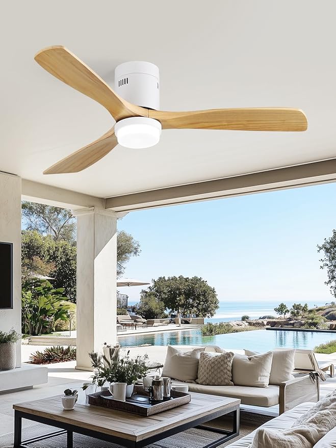 Sofucor Ceiling Fan with Lights, 52 Inch Low Profile Flush Mount Modern Wood Ceiling Fan with Remote for Indoor Farmhouse Bedroom Living Room Outdoor Patio Porch, Reversible DC Motor, Noiseless