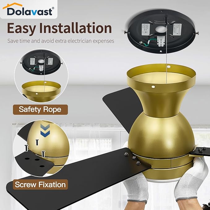 Ceiling Fans with Lights and Remote, 36 Inch Ceiling Fan with Light, Low Profile, Reversible, Dimmable LED, Flush Mount, Quiet, DC Motor, Gold Ceiling Fan for Bedroom, Kitchen, Dining Room