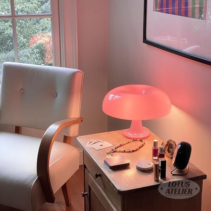 Lotus Atelier Light Pink Mushroom Lamp for Room | Aesthetic Modern Lighting for Bedroom Retro Pink Room Decor Midcentury Lamp