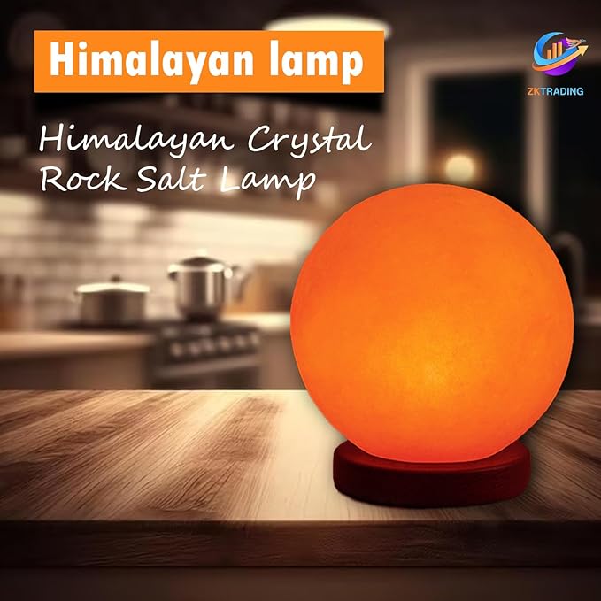 Himalayan Salt Lamp Globe – 5-Inch Hand-Carved Crystal Rock Sphere Moon with Wooden Base & UL-Listed Dimmer Cord – Warm Ambient Light for Bedroom, Office, Home Décor, Gift Ready