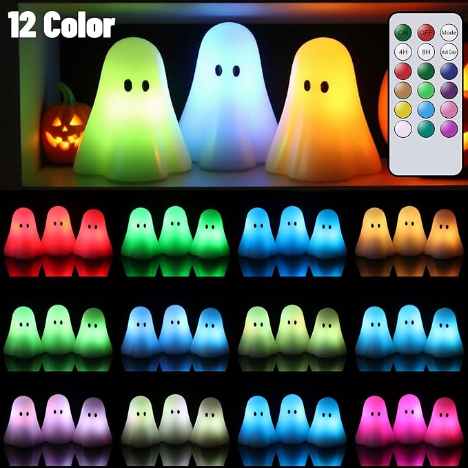 DRomance Halloween Ghost Flameless Candles Battery Operated with 18-Key Remote and Timer Set of 3 Real Wax Color Changing LED Flickering Candles Spooky Halloween Indoor Decoration(3" D x 3.5" H)