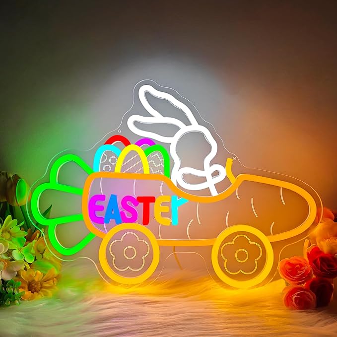 Easter Neon Sign Dimmable Easter Bunny Neon Light for Wall Decor Carrot Cart Light Up Sign LED Bunny Driving a Carrot Cart for Party Decoration