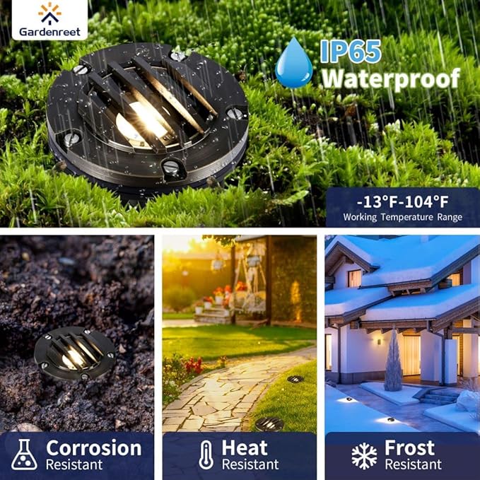 Gardenreet Brass Low Voltage In Ground Lights Kit(6 Pack) with MR16 Bulb & 100Feet Wire & Connectors, 12V AC/DC LED Well Landscape Lights for Outdoor Yard Garden Paver Path(Grated Top)