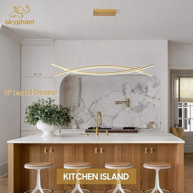 48" Modern LED Chandelier 4-Light Island Light Remote Control Linear LED Chandelier Dimmable Chandeliers Pendant Light for Kitchen Island Over Rectangular Dining Room Table, 45W