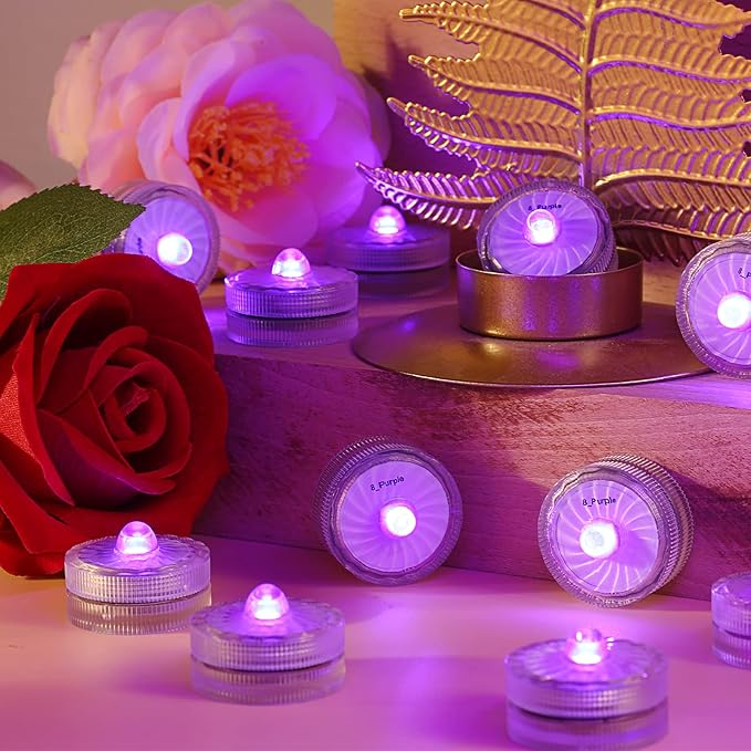 Purple Submersible Led Lights, Waterproof Tea Lights Underwater Mini Pool Lights Battery Operated Flameless for Vases Fountain Halloween Christmas Home Decorations (24 Pack)