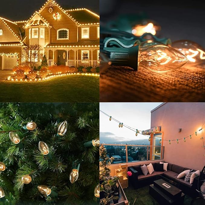 SkrLights 25 Pack C7 Clear Bulbs Christmas Light Bulbs C7 Outdoor String Light Replacement Bulbs, C7/E12 Candelabra Base, 5 Watt-Clear