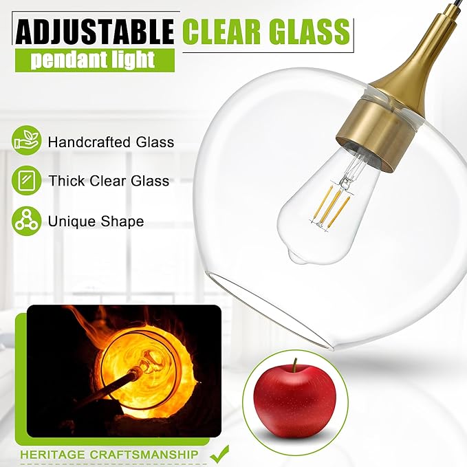 Glass Pendant Lights Kitchen Island, Brass Gold Pendant Lighting Fixtures, Modern Hanging Ceiling Light with 9.45'' Clear Glass Shade for Farmhouse Dining Room Bedroom Hallway(1 Pack)