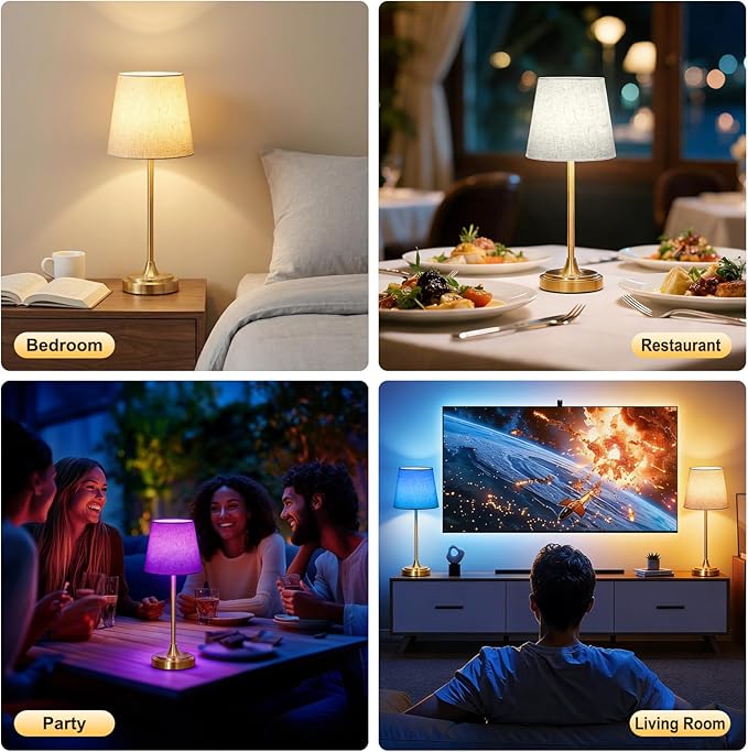 Cordless Table Lamp Rechargeable,5000mAh Battery Operated Desk Lamp,3 Colors & 7 RGB Stepless Dimmable,Touch Control Ambient Light for Bedside,Bedroom,Dining Room,Living Room,Gold,FlaxenShade