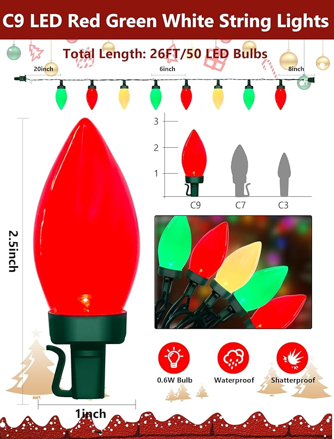 26FT C9 Red Green and White Christmas String Lights, Outdoor Christmas Decorations Lights with 50 C9 LED Bulbs, Plug in Vintage Christmas Lights Waterproof for Tree Patio Roofline Party Garden Decor