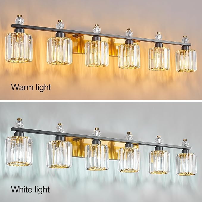 Bathroom Vanity Lights 6-Light Black Gold Modern Crystal Vanity Light Fixtures Over Mirror Crystal Bathroom Vanity Lighting Fixtures
