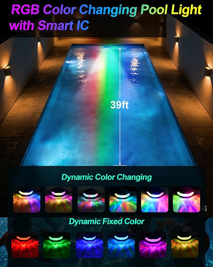 INDARUN 5V RGB Color Changing Led Pool Light with Smart IC, 15W Low Power Underwater Pool Light with Remote Control, IP68 Waterproof, for Pool Party, Fountain, Pond, Garden