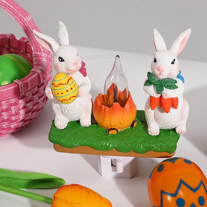Bunny Campfire Flickering Nightlight, Easter Night Light Plug Into Wall with Switch, Rabbit LED Lamp for Spring Hallway Stair Bedroom Decoration