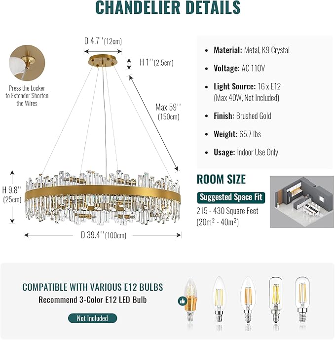 Siljoy 20-Light Modern Crystal Chandeliers, Large Brushed Gold 2-Tiers Raindrop K9 Crystal Ceiling Light, 3 Way Dimmable Pendant Lighting Fixture for Dining Living Room Kitchen Island Bedroom D39.4''
