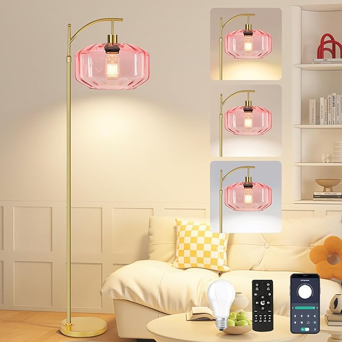 Vintage Floor Lamps for Living Room Glass Floor Lamp with Remote Control & 3 Color Temperature,Dimmable Floor Lamp Gold Mid Century Modern Standing Lamp Brass Tall Pink Floor Lamps for Bedroom Corner