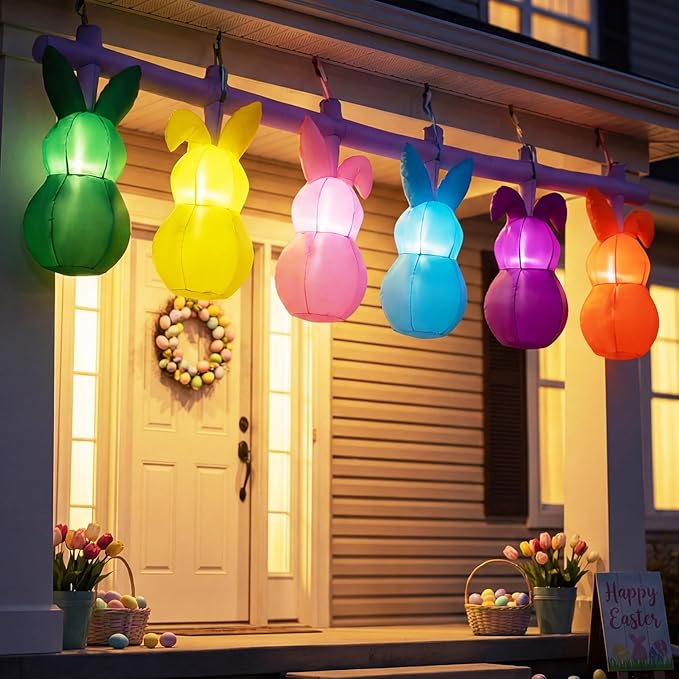 10FT Long Easter Inflatable Bunny Flashing Lights Decorations, Built-in LED Lighted Blow Up Decoration, Cute Easter Inflatables Outdoor Decorations for Home, Yard, Garden, Lawn, Indoor, Party