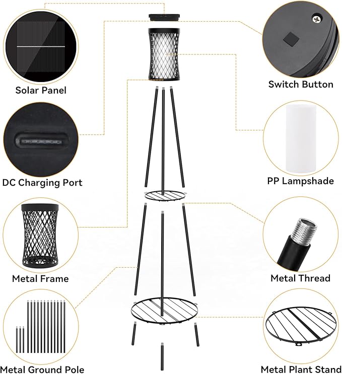 Aialun Outdoor Solar Floor Lamps with USB Charging, 45.67 Inch Tall Double Plant Stand Outside Floor Lamps, Warm & White 3 Modes Standing Decor Lights for Patio, Porch, Deck, Yard, Garden, 2 Pack