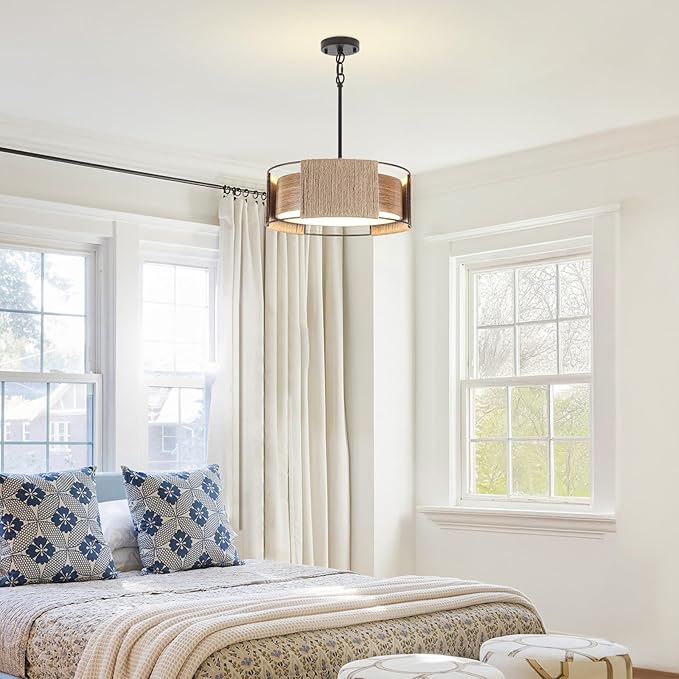 Rattan Chandelier 3-Light, 15.74'' Dual-Layer Shade Rustic Rattan and Metal Wood Grain Round Pendant Light Kitchen Island Lighting Hanging Drum Chandeliers for Entryway Foyer Bedroom Living Room