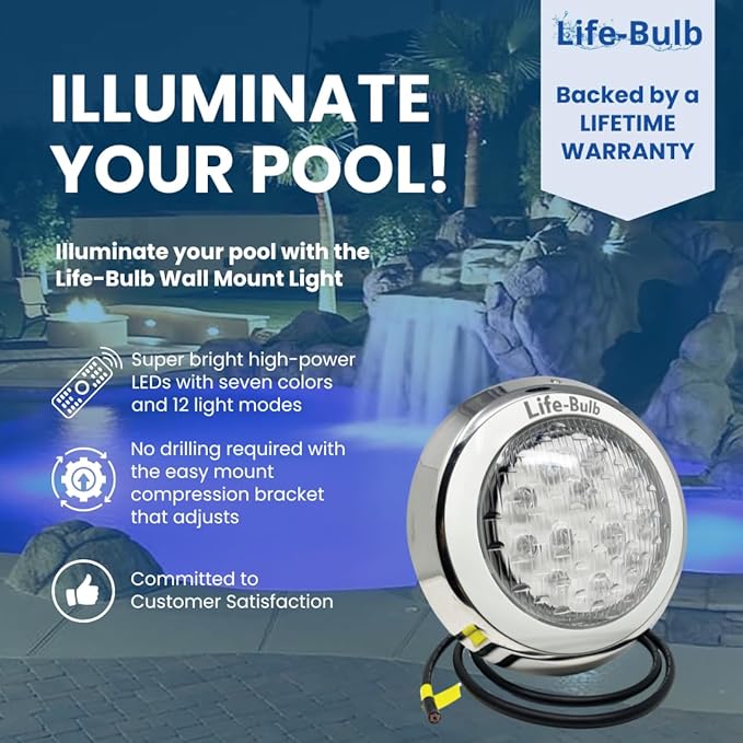 LED Color Changing Pool Light with Remote, Wall Mount, 75ft Cable, 12V 60W - Nicheless Pool Light - Lifetime Replacement Warranty