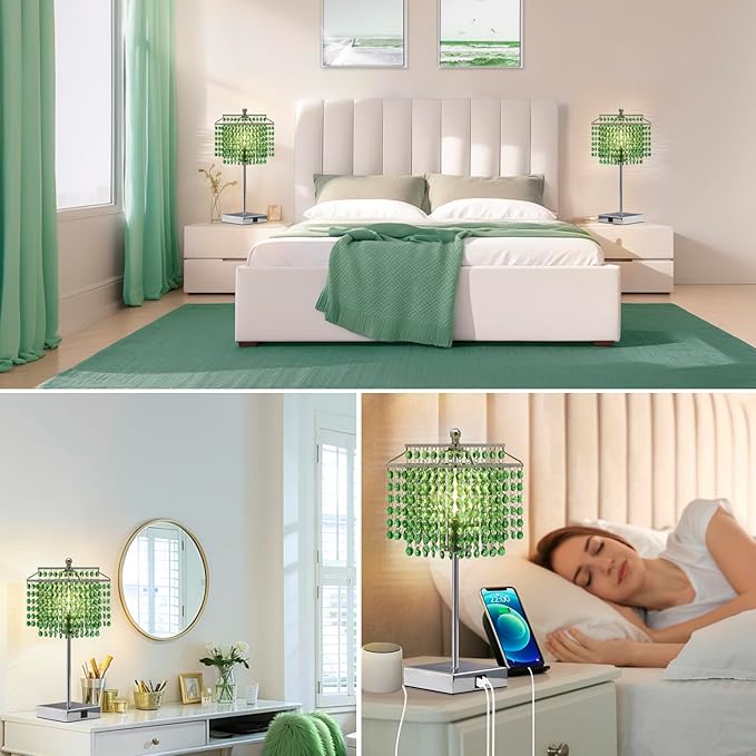 Luvkczc Crystal Table Lamp with Touch Control, Bedside Crystal Table Lamp with USB C+A Ports,Dimmable Lamp for Girls Bedroom, Living Room, Green & B11 LED Bulb Included