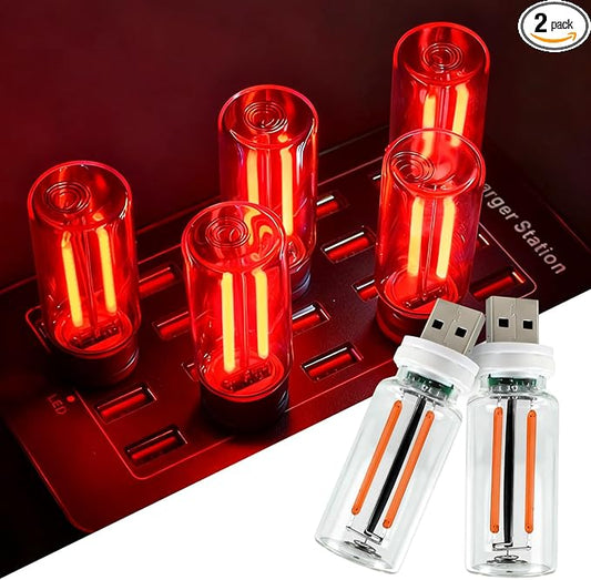 2 PCS USB Car Lights, Touch Dimmable Retro Mini Glass Bottle LED Ambient Night Light for Vehicle Interior, Bedroom, Hallway, Camping, Holiday and Party Decoration (Red)