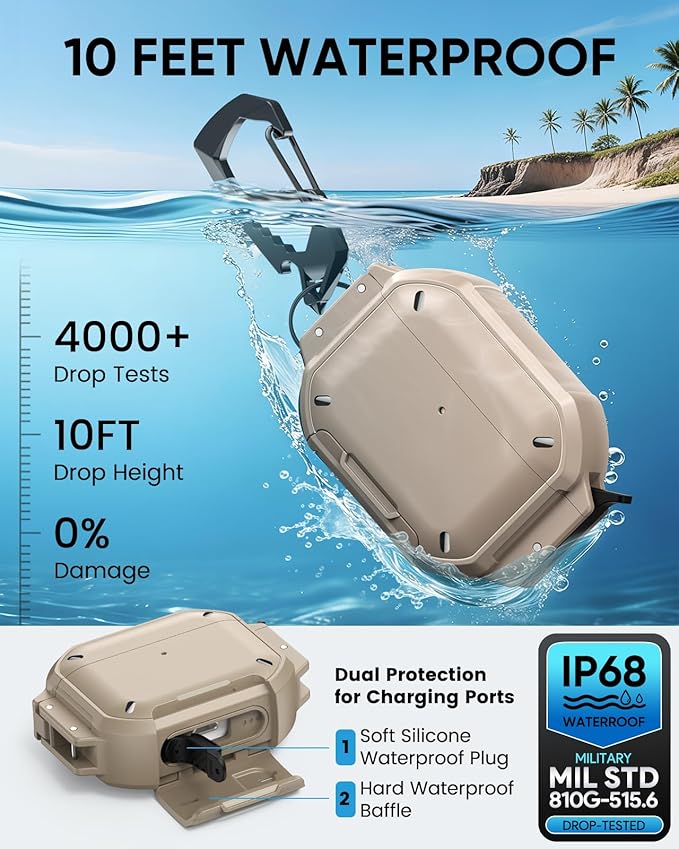 MoKo for AirPods Pro 3 Case with Secure Lock - IP68 Waterproof Case for iPods Pro 3, Military-Grade Protective Cover Earpods Pro 3 with Keychain, Phone Stand & Cleaner Kit, Khaki