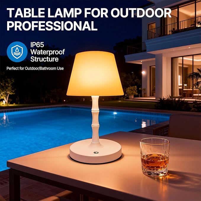 Wireless rechargeable battery LED table lamp, with 3 adjustable light levels, waterproof, suitable for bedroom, office, outdoor, camping, and bathroom decoration, featuring a wood-grain design (white)