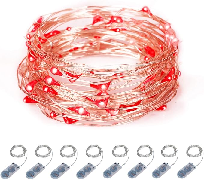 ITART Micro LED String Lights Battery Powered 8 Pack Red Mini Fairy Light 20 LED 6ft Ultra Thin Silver Wire Rope Lights for Craft DIY 4th of July Clothes Costume Wreath Display