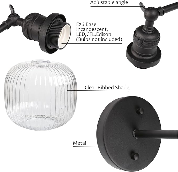 Pathson Modern Wall Sconce Lamp Clear Striped Round Glass, Hardwired Vintage Wall Vanity Light Fixture for Farmhouse Living Room Bedroom Bathroom Loft