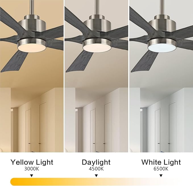 ELEHINSER 52" Modern Ceiling Fan with Lights and Remote Control, 5 Solid Wood Blades 6-Speed Noiseless Reversible DC Motor, Ceiling Fan for Bedroom Dinning Living Room, Nickel Finish with Wood Blades