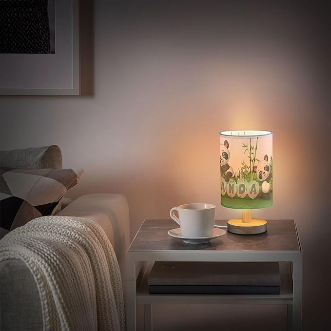 Table Lamp Cute Panda Baby in Bamboo Garden Nightstand Lamp with Wood Base Fabric Lamp Shade Bedside Desk Lamp for Living Room Bedroom Kids Room Office