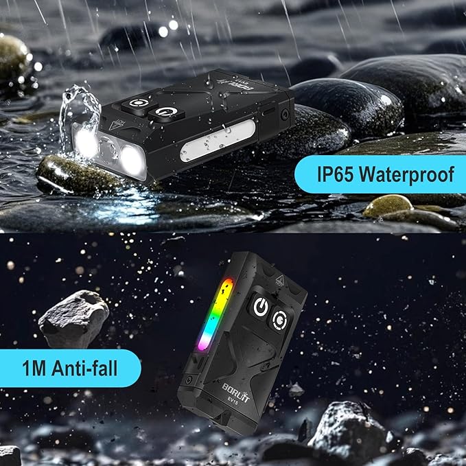 BORUIT EV15 LED Small Powerful EDC Flashlight,1000 Lumen USB-C Rechargeable Mini Keychain Flash Light with 365nm UV & RGB Side Light,IP65 Waterproof,Clip & Tail Magnet for Emergencies