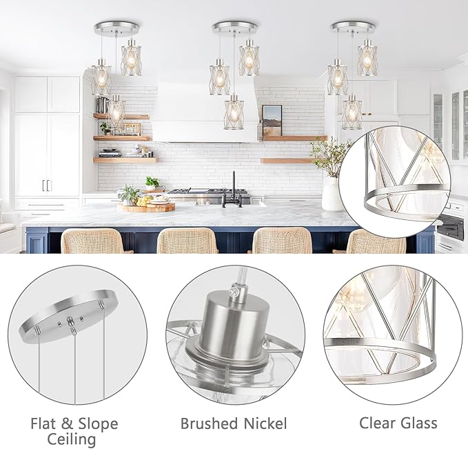 Refice 3-Light Pendant Lights Kitchen Island, Brushed Nickel Kitchen Cluster Hanging Pendant Lights with Clear Glass, Modern Cage Chandelier Light Fixture for Sink Dining Room Bedroom Bar