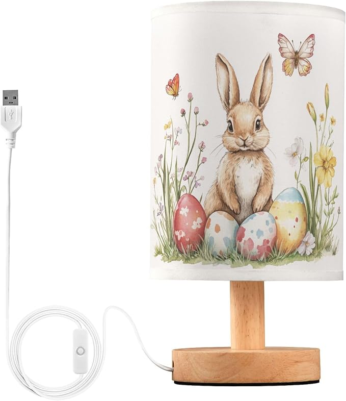 Watercolor Easter Bunny Butterfly Egg Floral Table Lamp with Wood Base Fabric Lamp Shade Bedside Nightstand Desk Lamp for Living Room Bedroom Kids Room Office