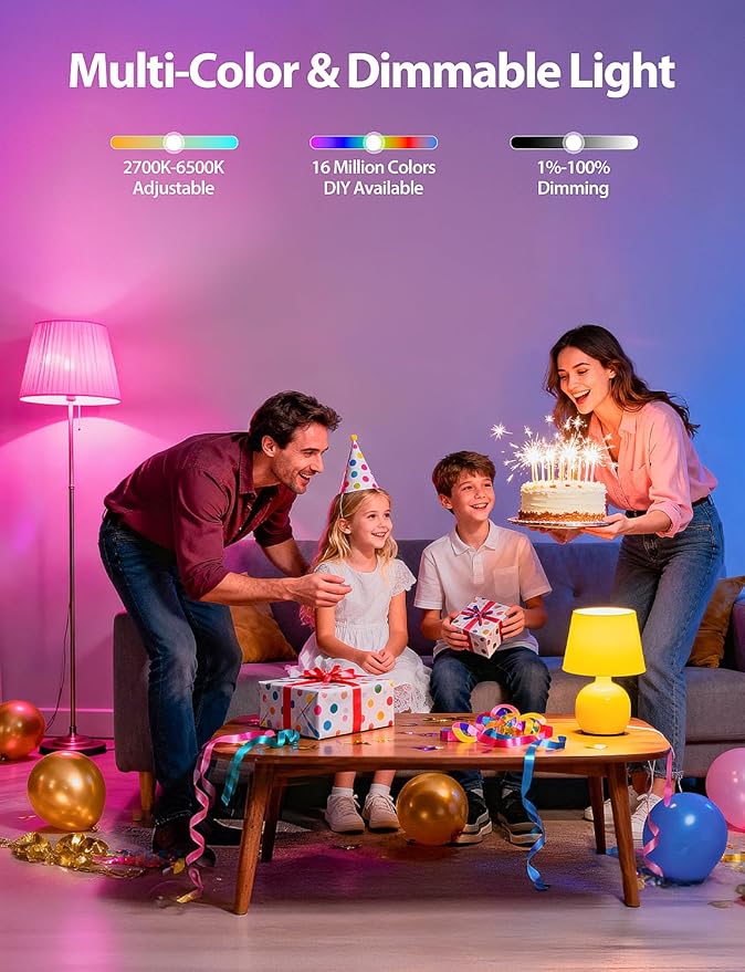 Smart Light Bulbs, Work with Alexa & Google Assistant, 9W LED Light Bulbs Color Changing RGBTW Dimmable, 2.4GHz WiFi Bluetooth Smart Bulb 60W Equivalent, APP Control, A19, E26, 800LM, 2 Packs