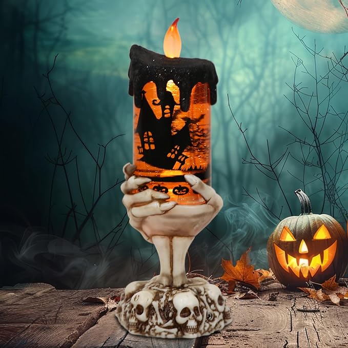 DRomance Halloween Snow Globe Flameless Candle with Timer, Battery Operated Tornado Lamp Skeleton Hand Candle Holder Yellow Light Glittering Spinning Water Halloween Table Decor(Bats, 4" x 10")