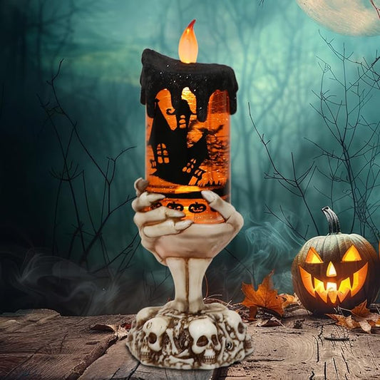 DRomance Halloween Snow Globe Flameless Candle with Timer, Battery Operated Tornado Lamp Skeleton Hand Candle Holder Yellow Light Glittering Spinning Water Halloween Table Decor(Bats, 4" x 10")