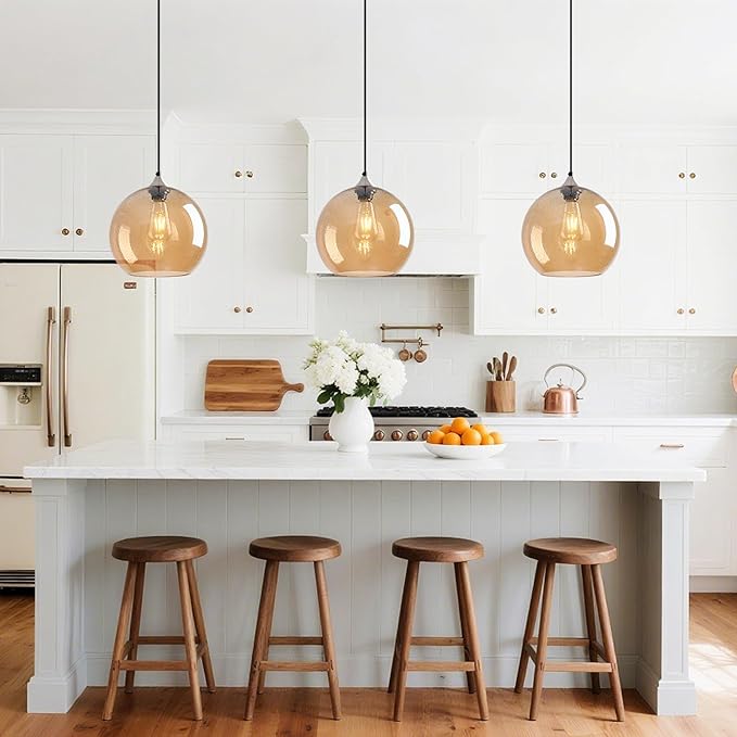 Amber Glass Pendant Lights Kitchen Island Globe Pendant Light Fixtures Modern Pendant Lighting for Bedroom Living Dining Room Light Fixture (9.84 in, 3 Pack)