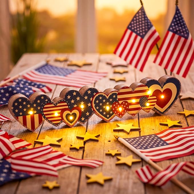 Yousoontic 4th of July Decorations Retro Patriotic Table Centerpieces with LED Lights Memorial Day Heart Wooden Sign Decor 3D Block Red White Blue Decor for 250th Anniversary Home Mantel Desk Party